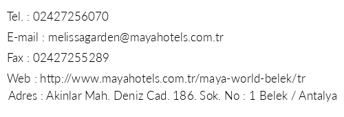 Maya World Hotel Belek telefon numaraları, faks, e-mail, posta adresi ve iletişim bilgileri